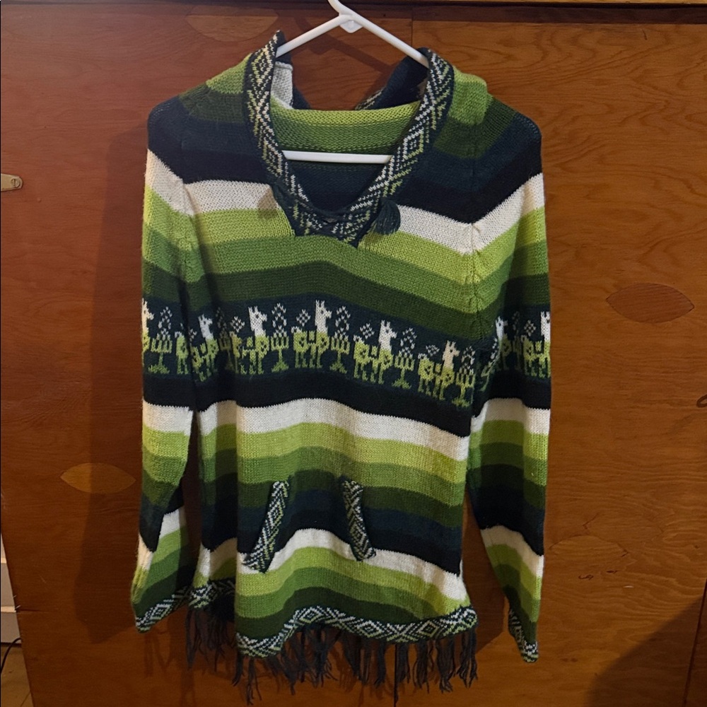 Striped Green V-Neck Sweater with Patterned Fringe